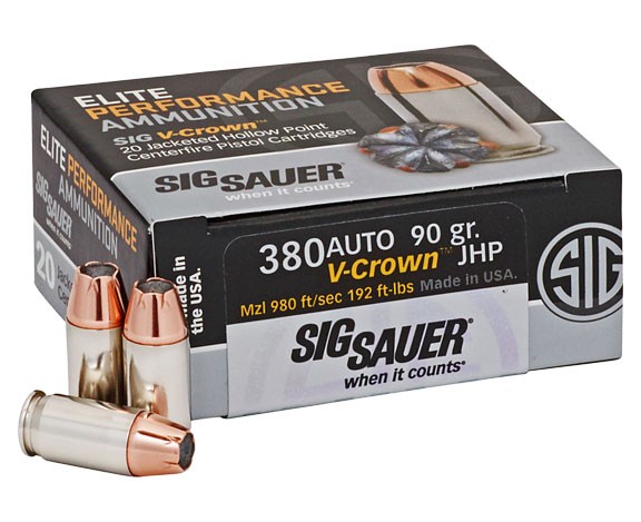 Sig Sauer Elite V-Crown 380 ACP Nickel Plated Brass JHP 90 Grain 20 Rounds