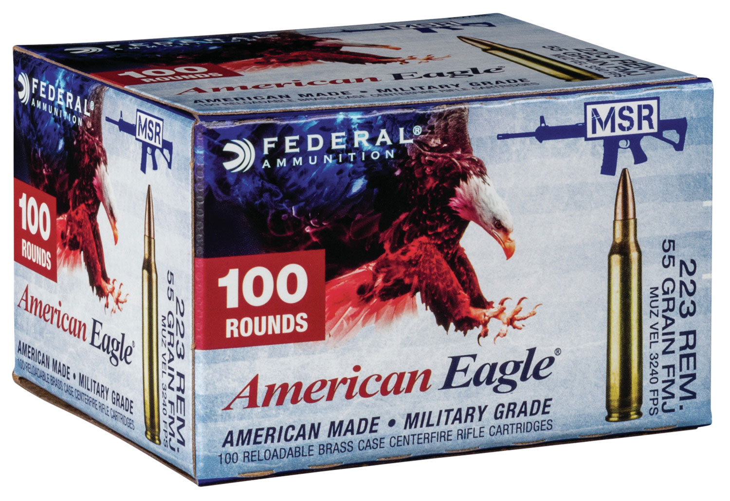 Federal American Eagle 223 Remington Brass FMJBT 55 Grain 100 Rounds