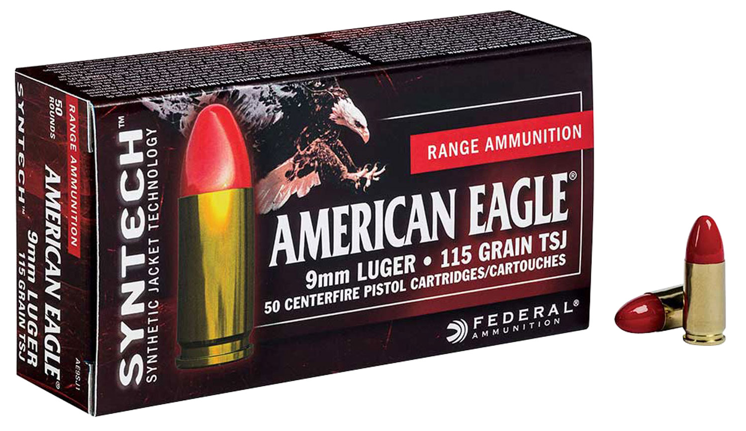 Federal American Eagle Nose 9mm Luger Brass TSJ 115 Grain 50 Rounds