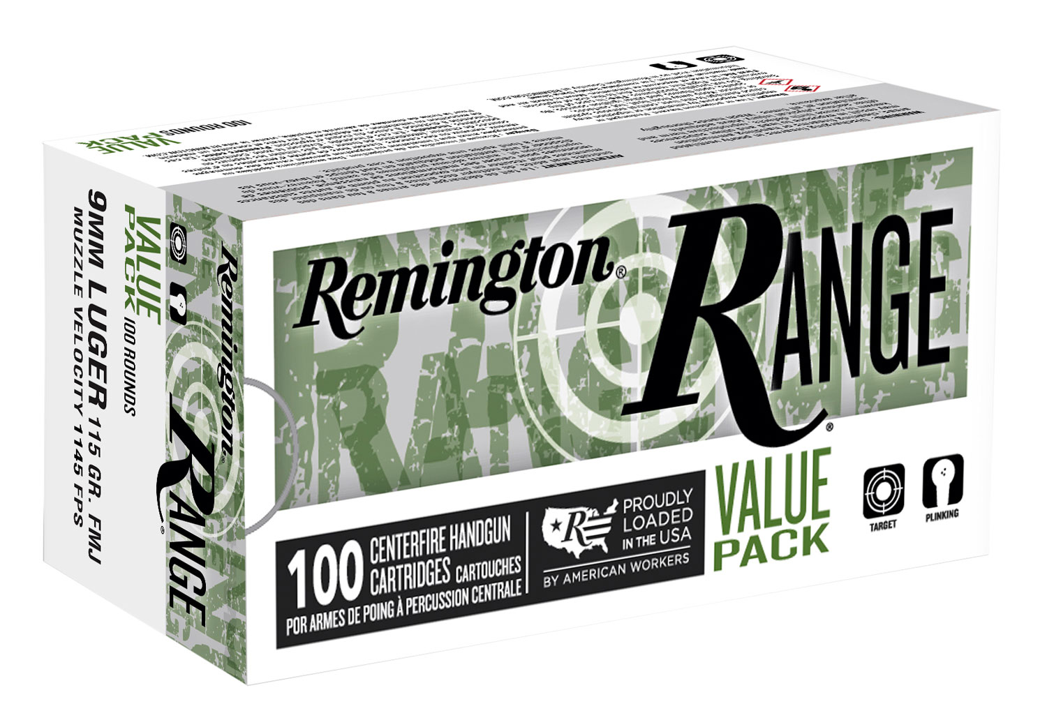 Remington Range Value Pack 9MM Luger Brass FMJ 115 Grain 100 Rounds