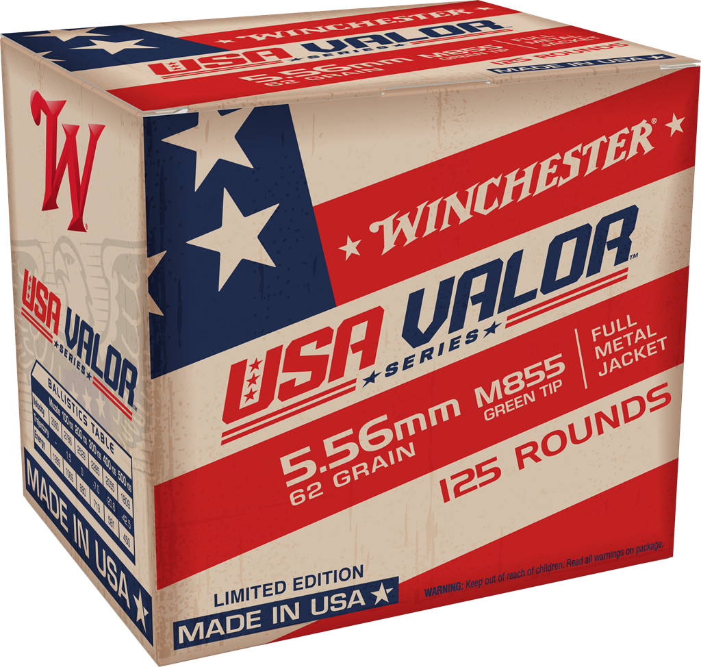 Winchester USA Valor Green Tip 5.56x45mm NATO Brass FMJ 62 Grain 125 Rounds