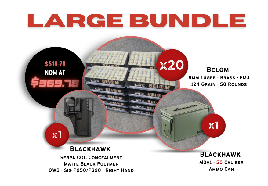 *Limited Quantity Bundle* 1000 Rds of Belom 9mm Luger 50 Cal Blackhawk Ammo Can and Blackhawk OWB Holster *Limited Quantity Bundle*