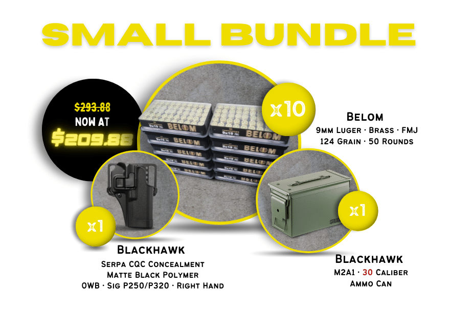 *Limited Quantity Bundle* 500 Rds of Belom 9mm Luger 30 Cal Blackhawk Ammo Can and Blackhawk OWB Holster *Limited Quantity Bundle*